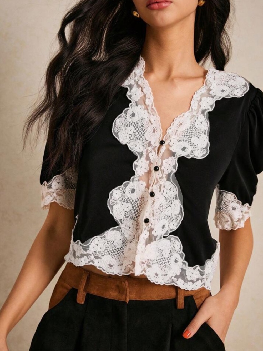 SHEIN Black Top with White Lace Trim and Button Front